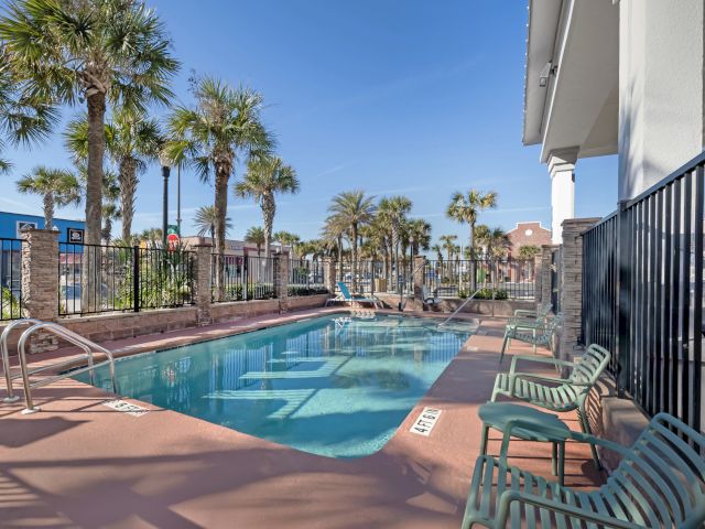A swimming pool area with palm trees, lounge chairs, and a clear blue sky on a sunny day, enclosed by a fence.